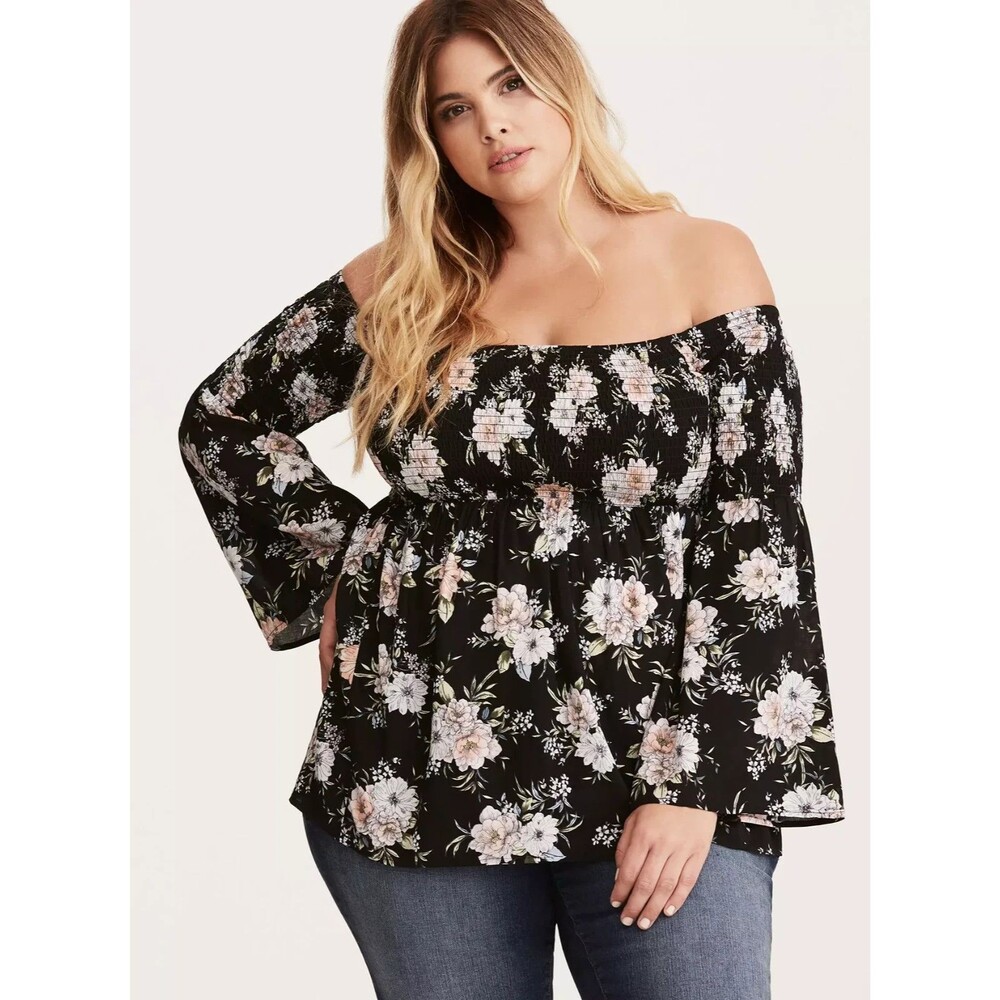 Torrid Challis Smocked Off-Shoulder Blouse Babydoll Top Black Floral Size 3X - Picture 3 of 9